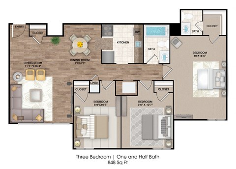 Floor plan for 3 beds, 1.5 baths, 848 sqft